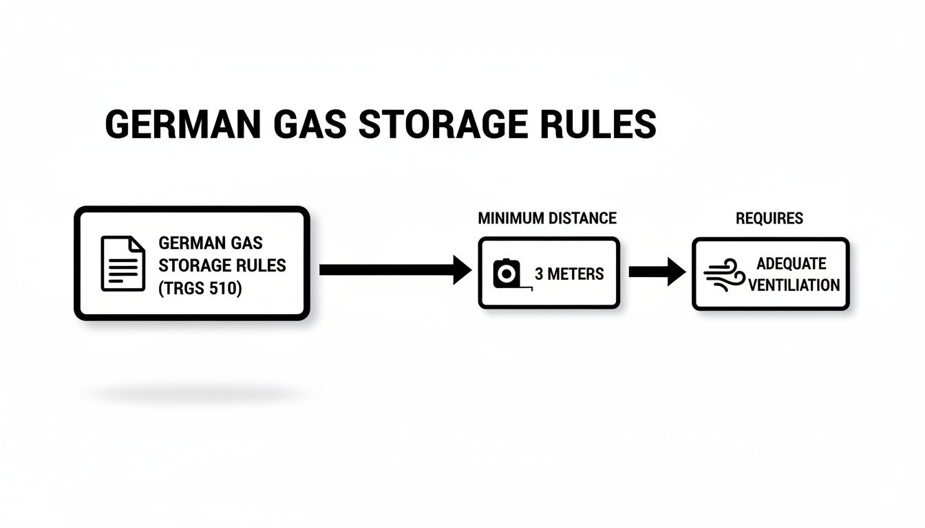 Flowchart explaining German gas storage rules, requiring a 3-meter minimum distance and adequate ventilation.