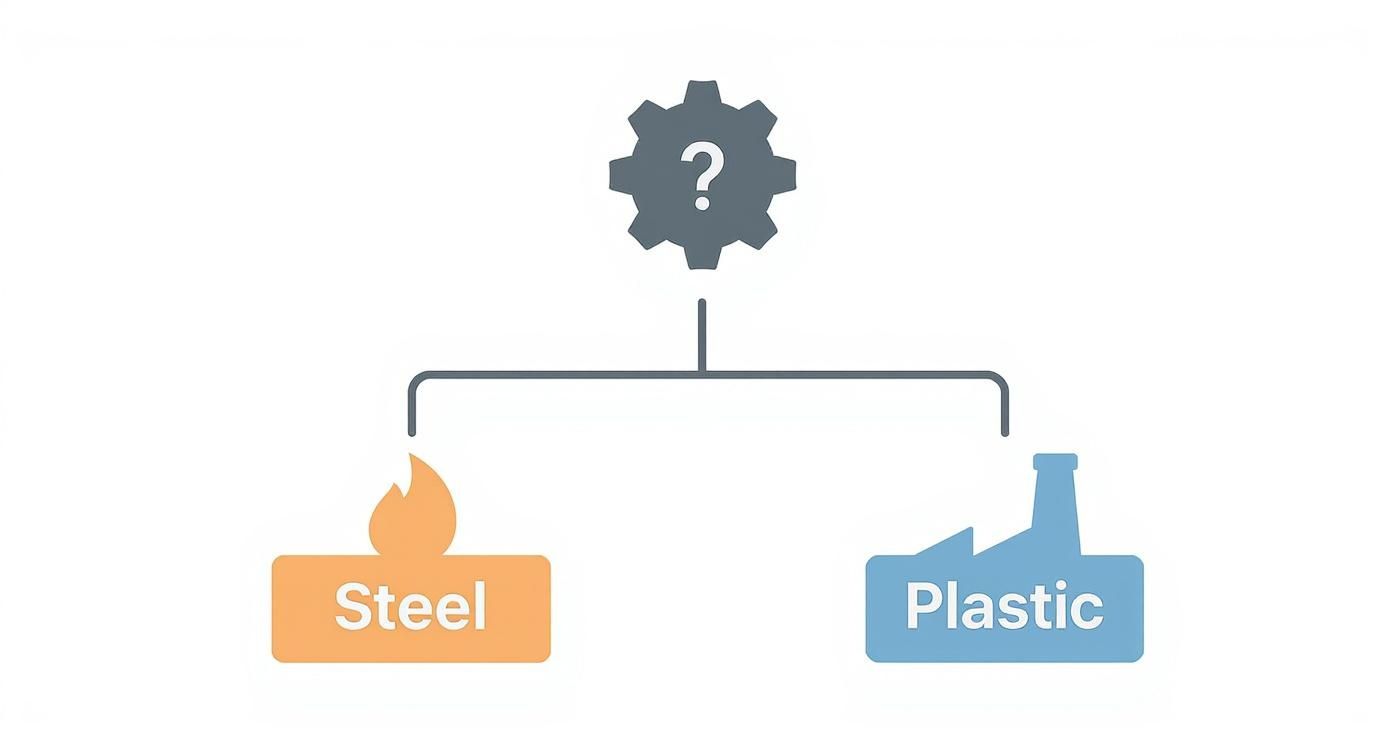 A flowchart showing a gear with a question mark, branching to steel with a flame and plastic with a factory icon.
