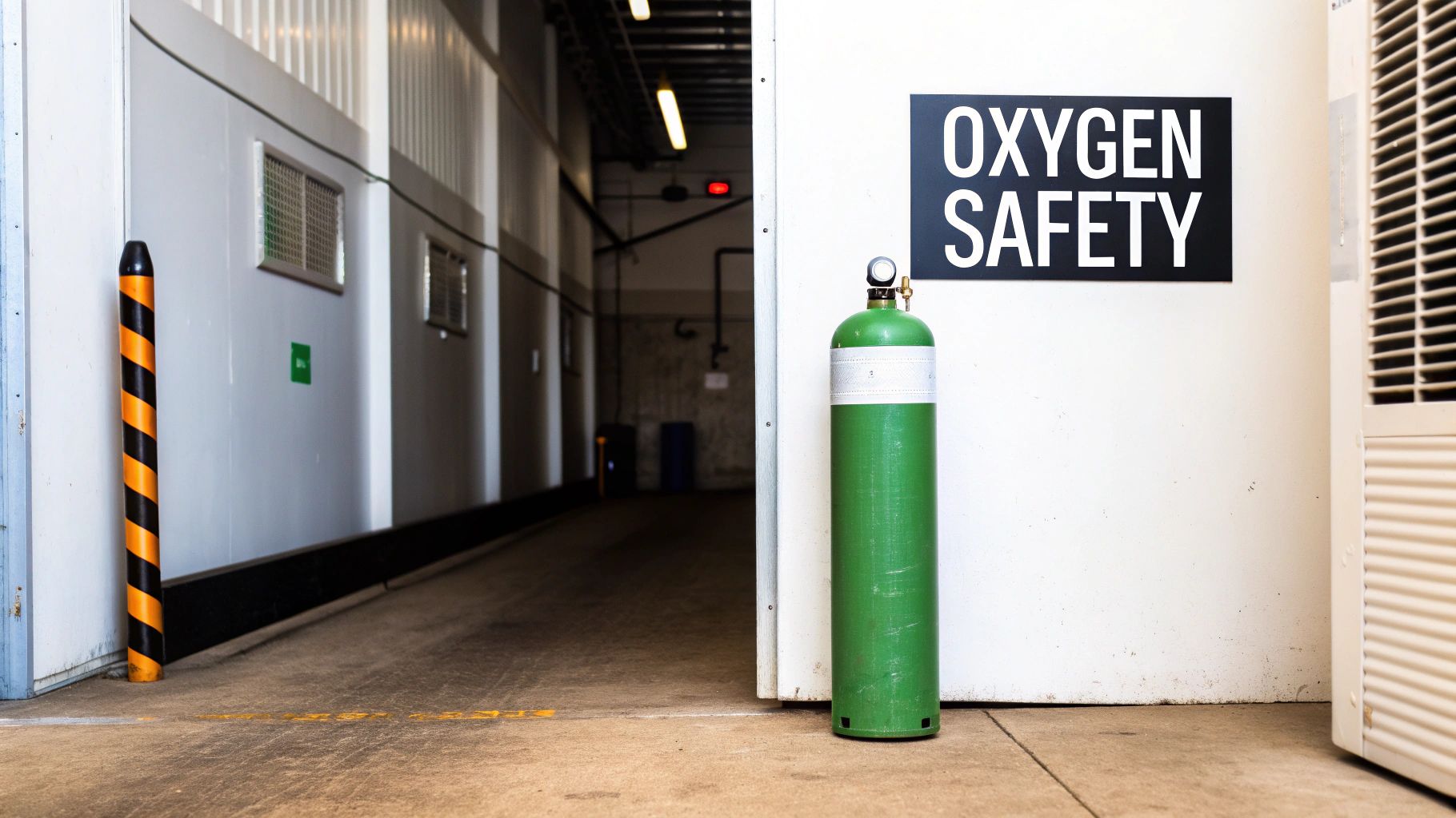 Green oxygen tank next to an 'OXYGEN SAFETY' sign in an industrial hallway.