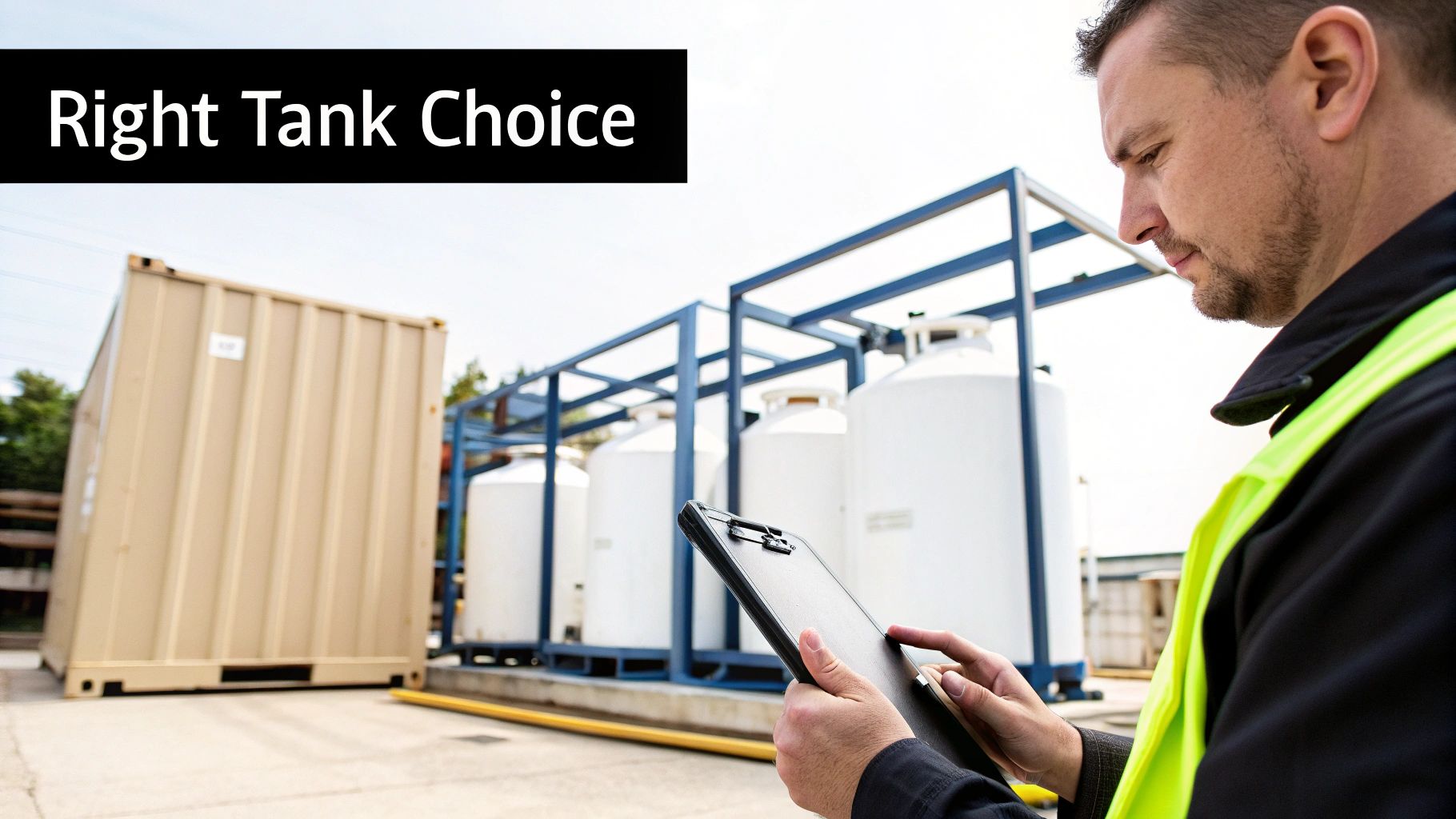 A man in a high-vis vest inspects industrial storage tanks and a shipping container, focusing on tank choice.