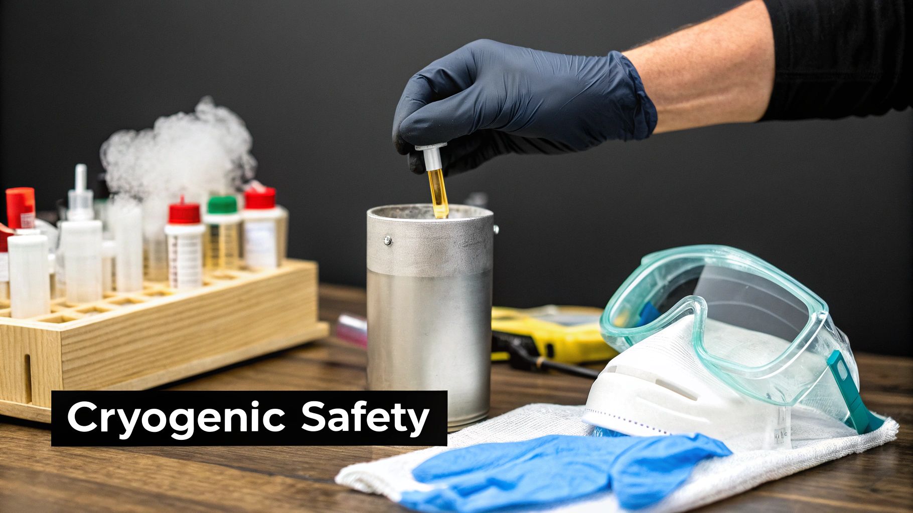 A gloved hand handles a sample tube in a cryogen container, with safety goggles and mask nearby.