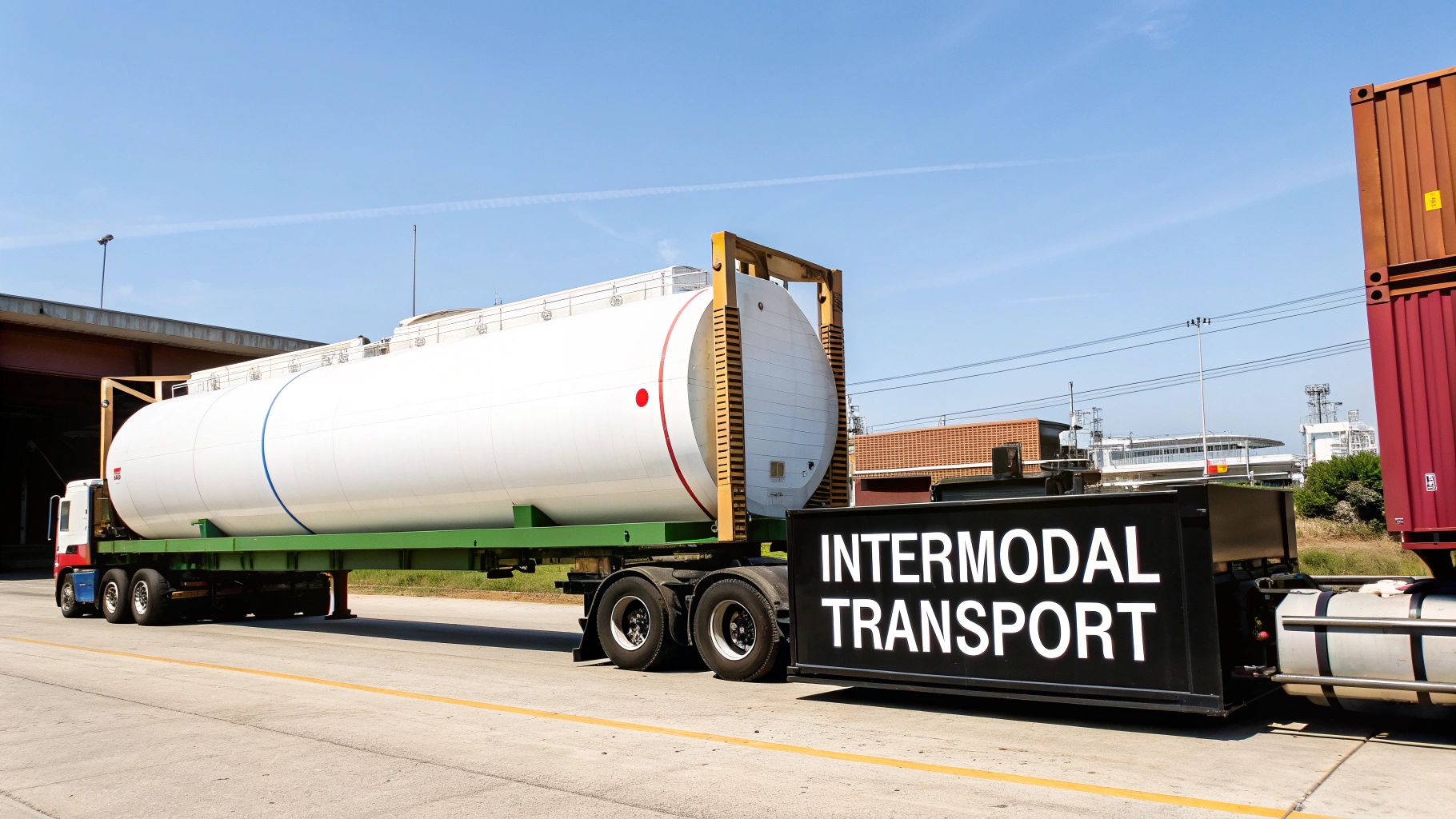 Two trucks displaying intermodal transport of a white ISO tank container and stacked cargo containers.
