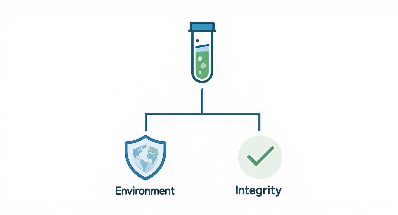 Diagram showing a test tube icon branching to a shield representing Environment and a checkmark for Integrity.