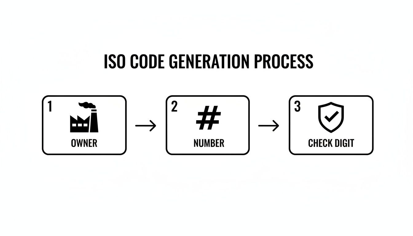 Diagram illustrating the ISO code generation process with steps for owner, number, and check digit.