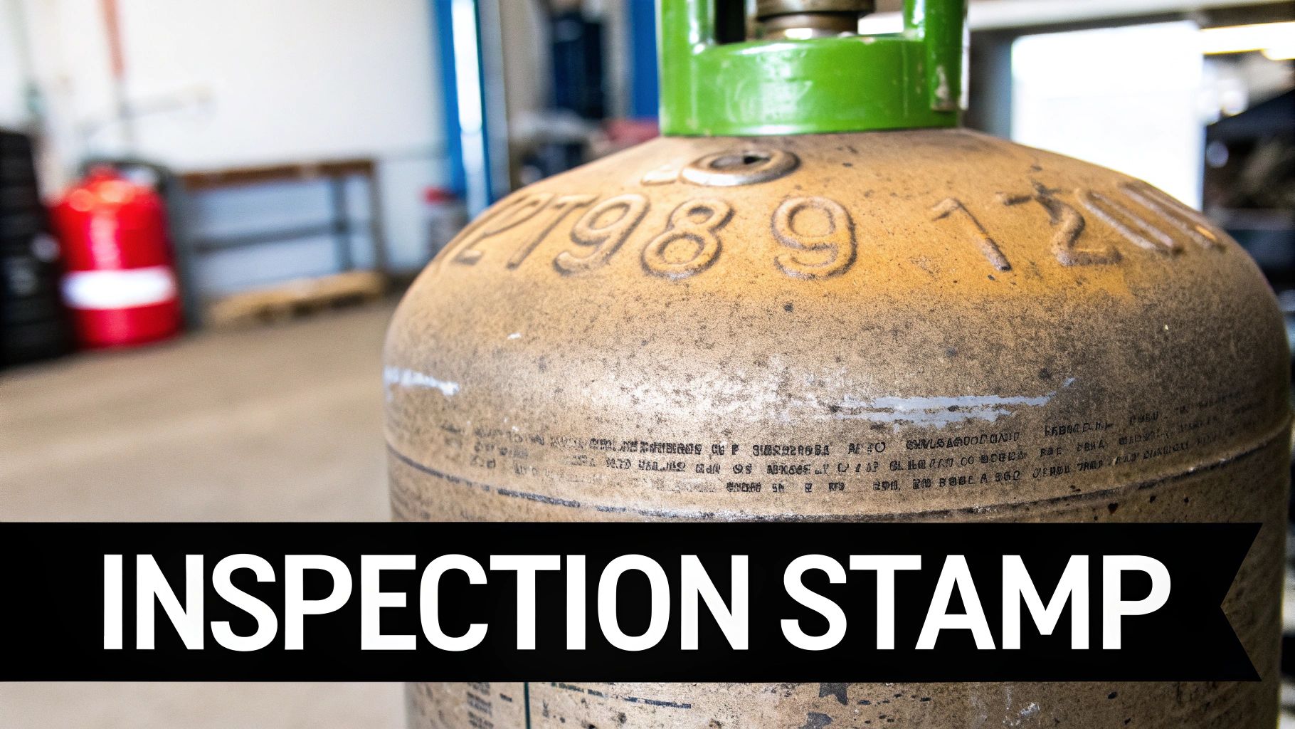 Close-up of a rustic gas cylinder showing embossed numbers and an inspection stamp.