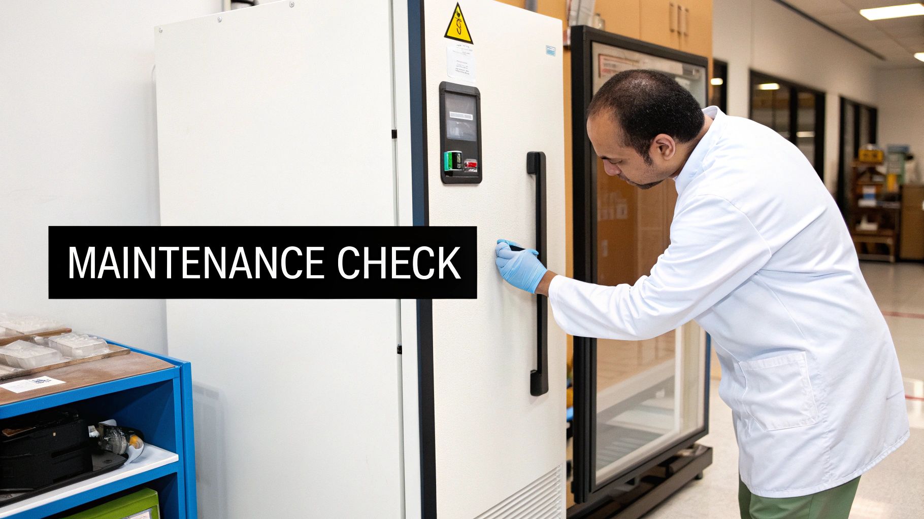 A scientist in a lab coat and gloves performs a maintenance check on an ultra-low temperature freezer.