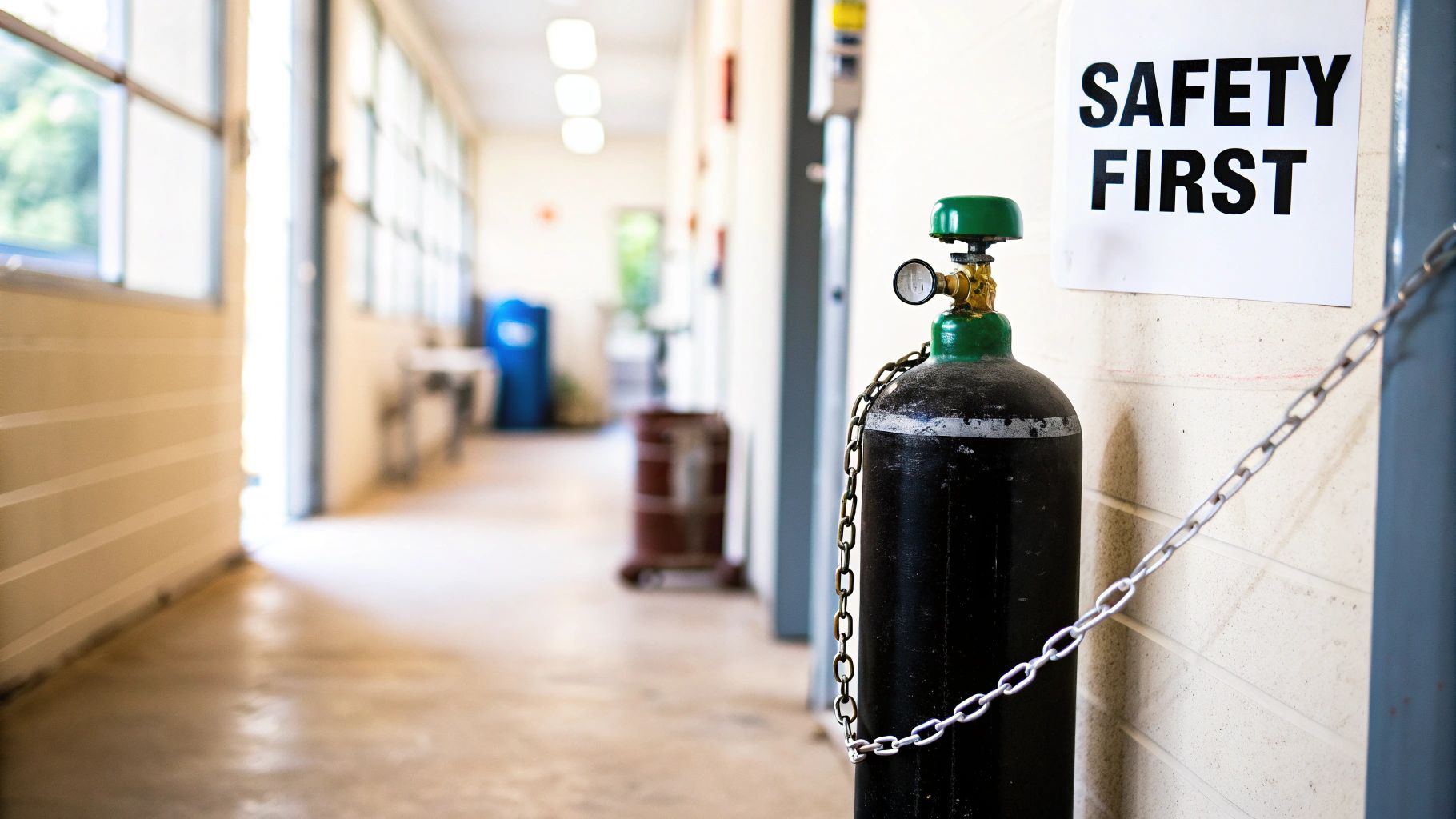 A black gas cylinder with a pressure gauge and a 'SAFETY FIRST' sign in a hallway.