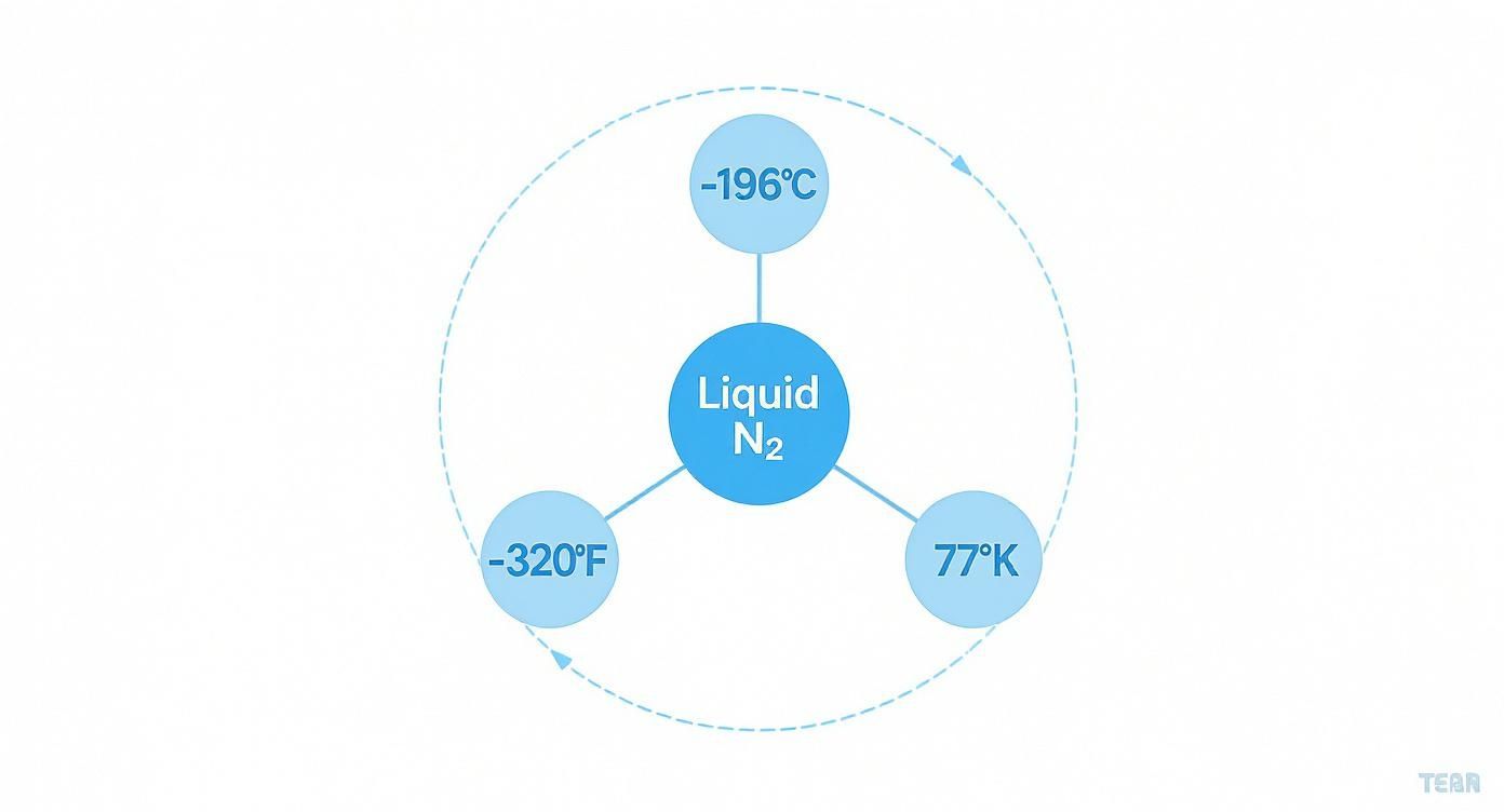 Diagram showing the equivalent temperatures of liquid nitrogen: -196°C, -320°F, and 77°K.