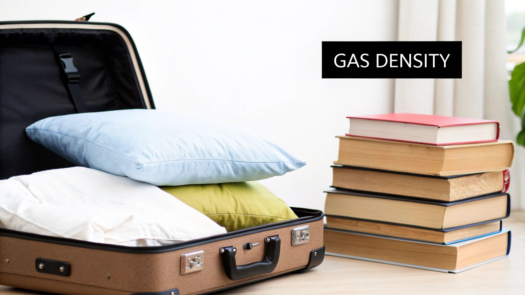 Open brown suitcase packed with colorful pillows next to a stack of books, with 'GAS DENSITY' text.