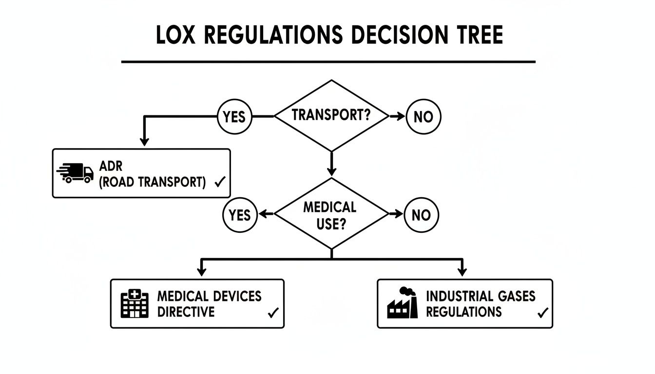 LOX regulations decision tree illustrating pathways for transport, medical, and industrial use compliance.