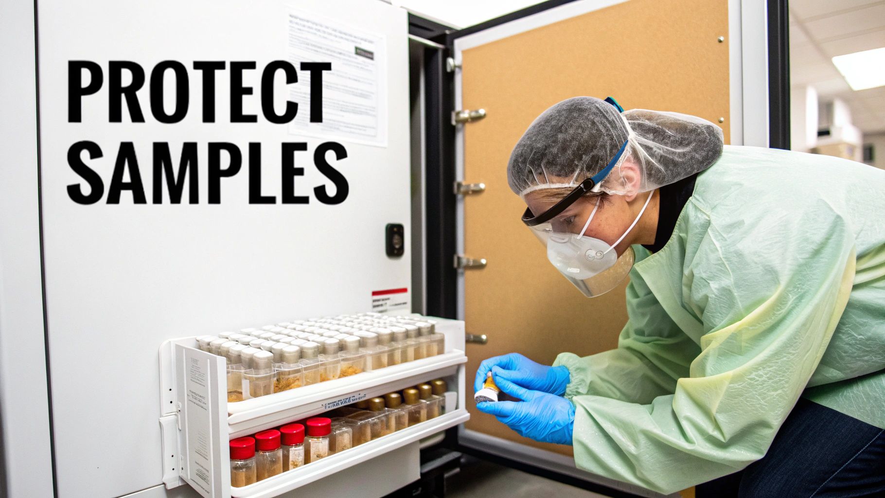 A scientist in a lab coat, mask, and gloves carefully handles vials with samples from a storage unit.
