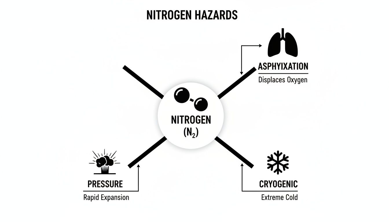 Diagram illustrating nitrogen hazards including asphyxiation, pressure from rapid expansion, and extreme cold (cryogenic).