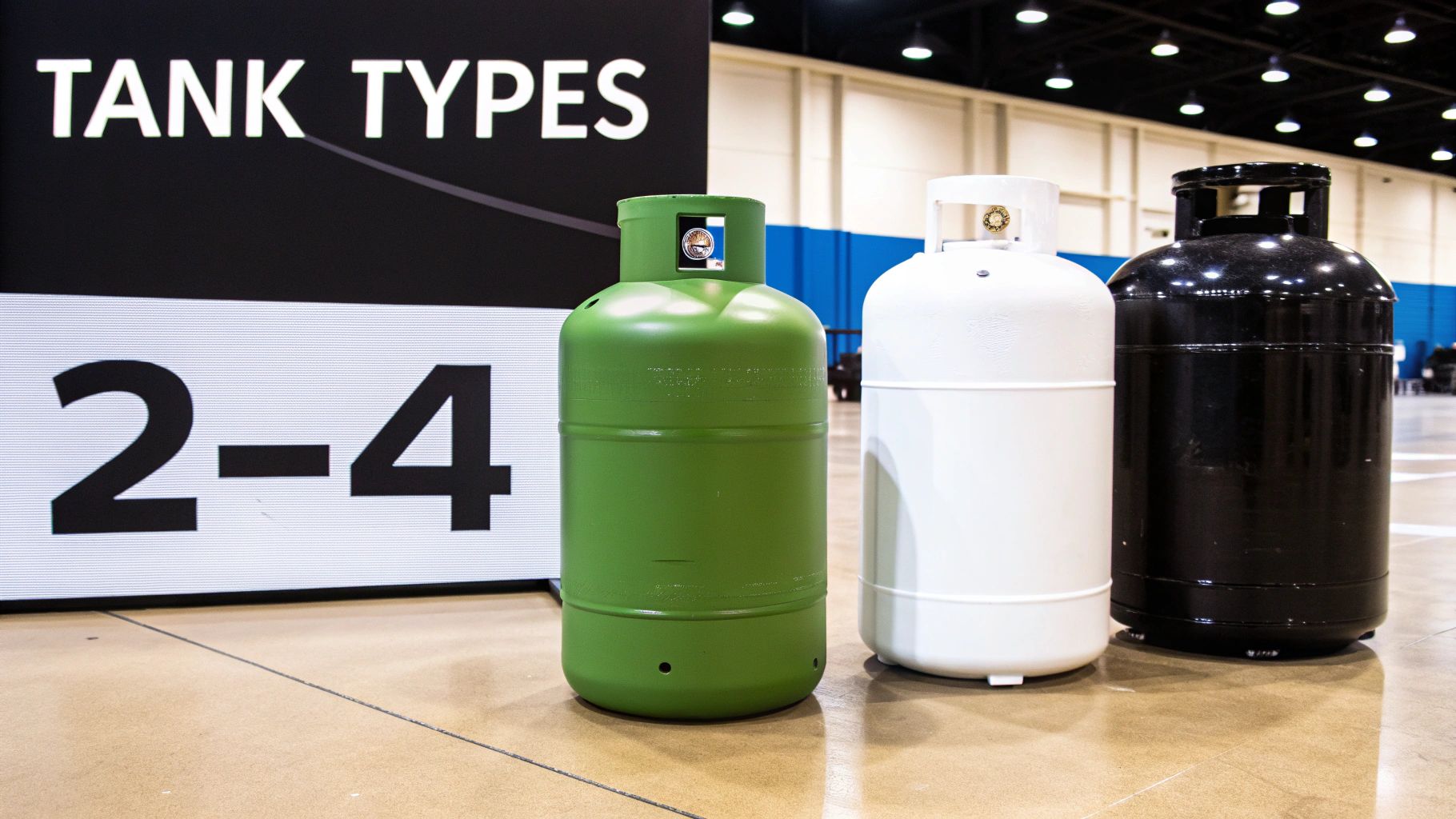 Three large gas tanks in green, white, and black, displayed under a 'TANK TYPES' sign.