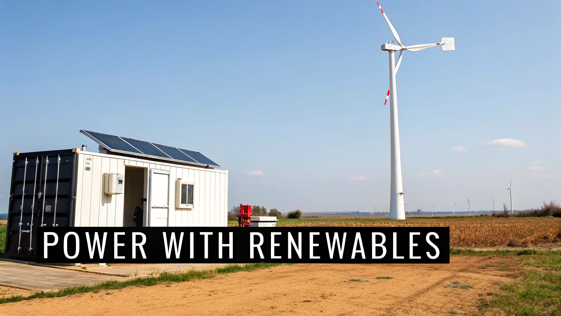 A solar-powered container building and a large wind turbine against a clear blue sky, emphasizing renewable energy.