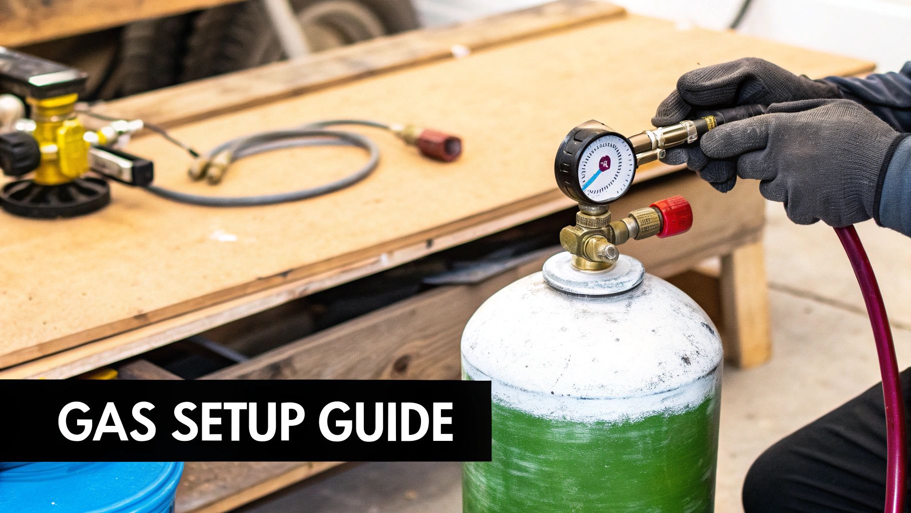 Hands in gloves connect a red hose to a gas regulator on a green and white gas tank for welding.