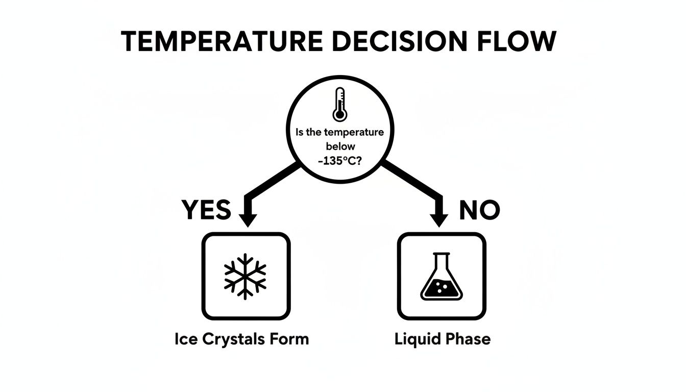 A temperature decision flow chart illustrating conditions for ice crystal formation or liquid phase at -135°C.