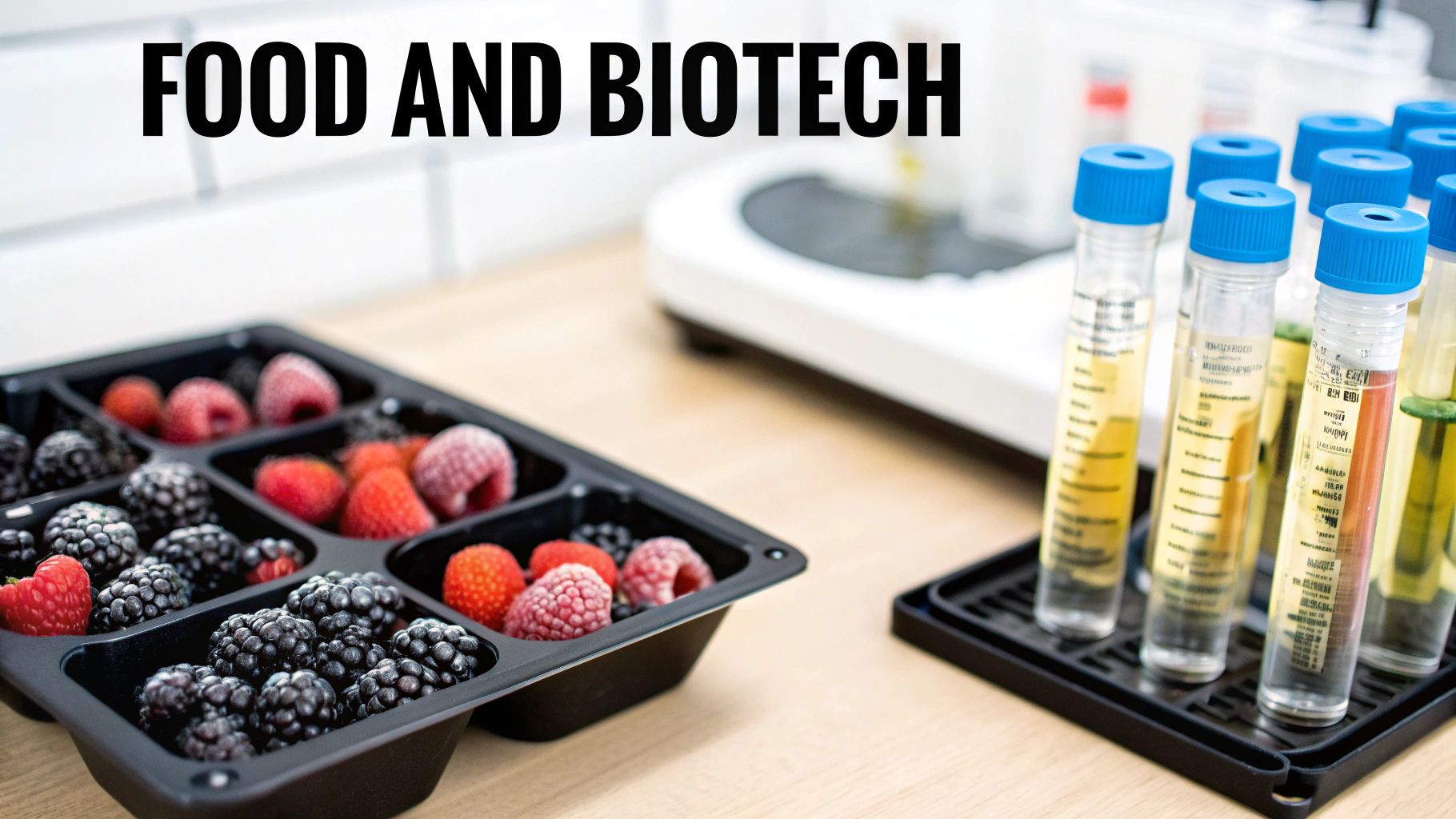 A tray of frozen berries and test tubes in a lab, with 'FOOD AND BIOTECH' text.
