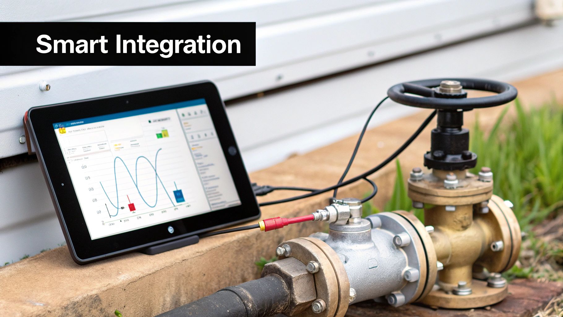 Smart integration of industrial flow control, with a tablet displaying real-time sensor data.
