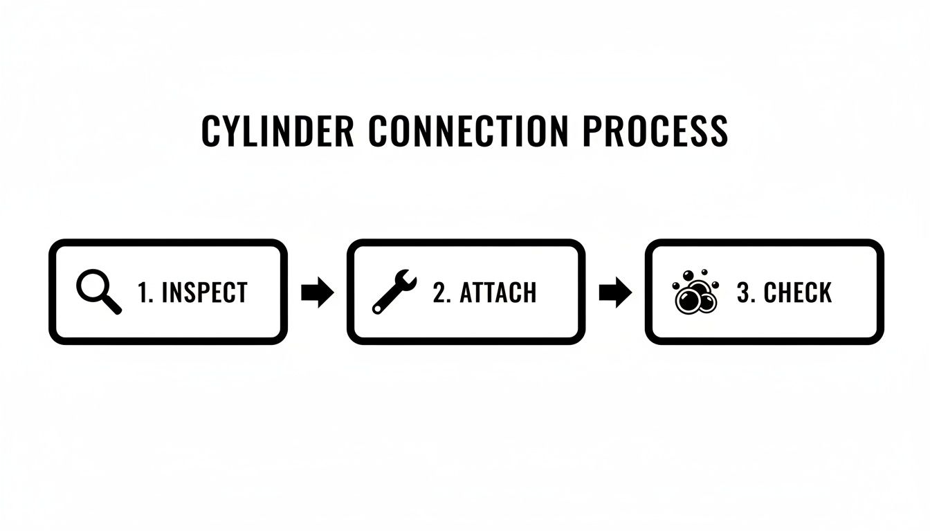 Flowchart illustrating the three-step cylinder connection process: 1. inspect, 2. attach, 3. check.