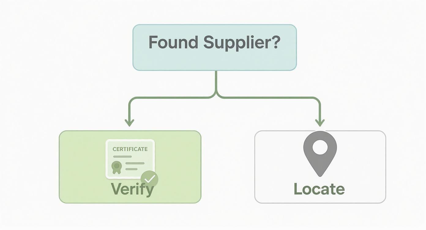 Flowchart for supplier management showing 'Found Supplier?' leading to 'Verify' or 'Locate'.