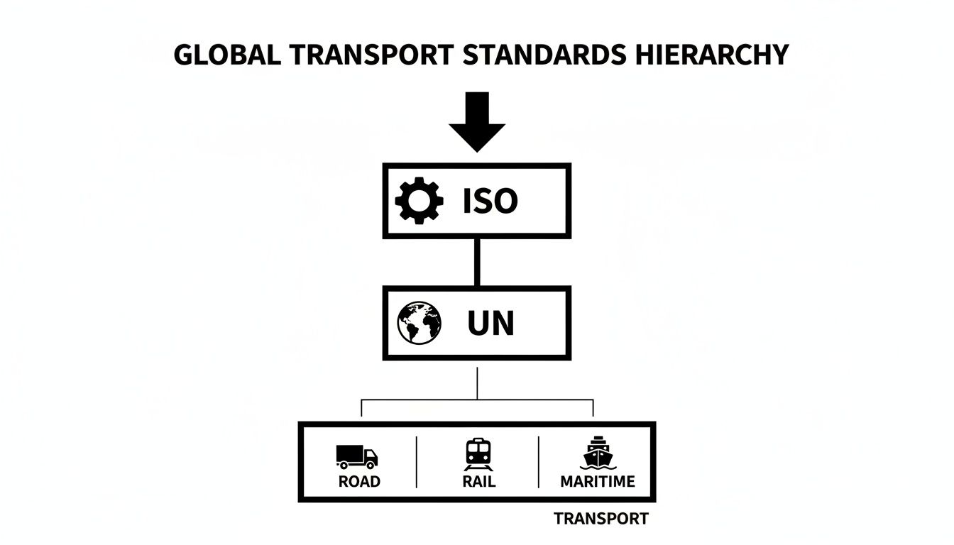 Hierarchy diagram illustrating global transport standards: ISO, UN, and specific transport modes like road, rail, and maritime.