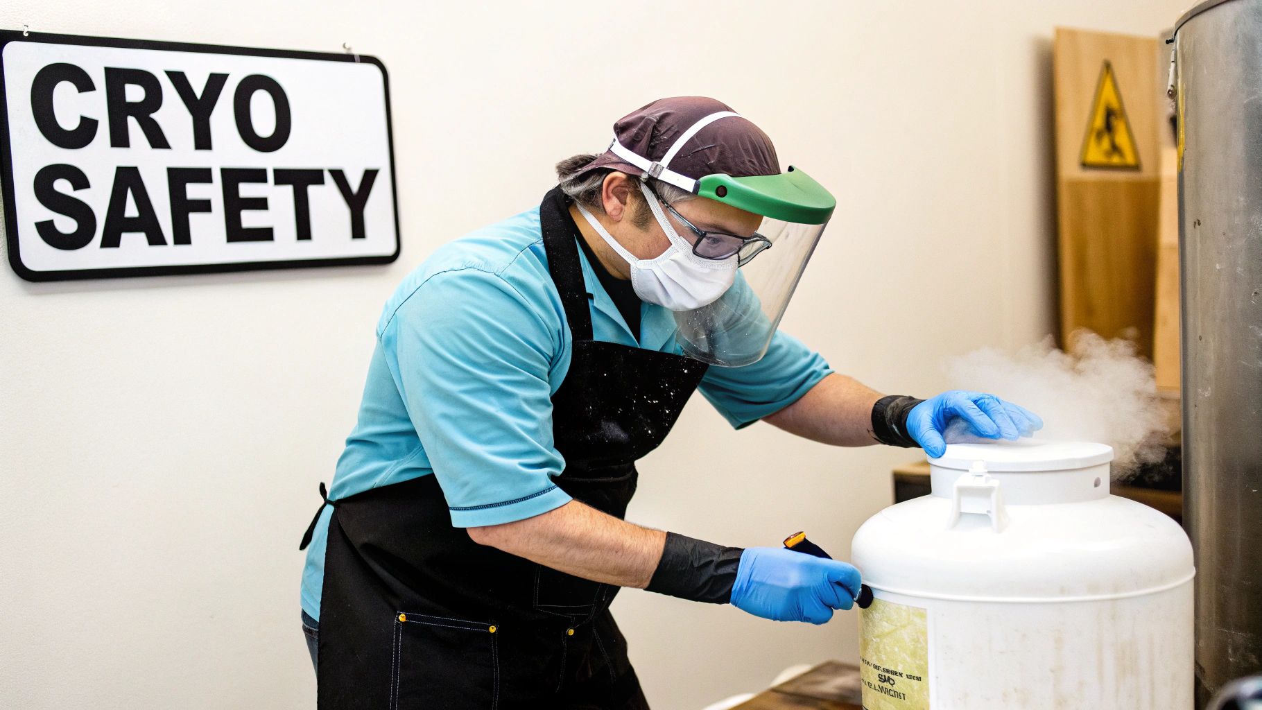 A person in full PPE, including face shield and gloves, safely handles a cryo container emitting cryogenic vapor in a laboratory setting.