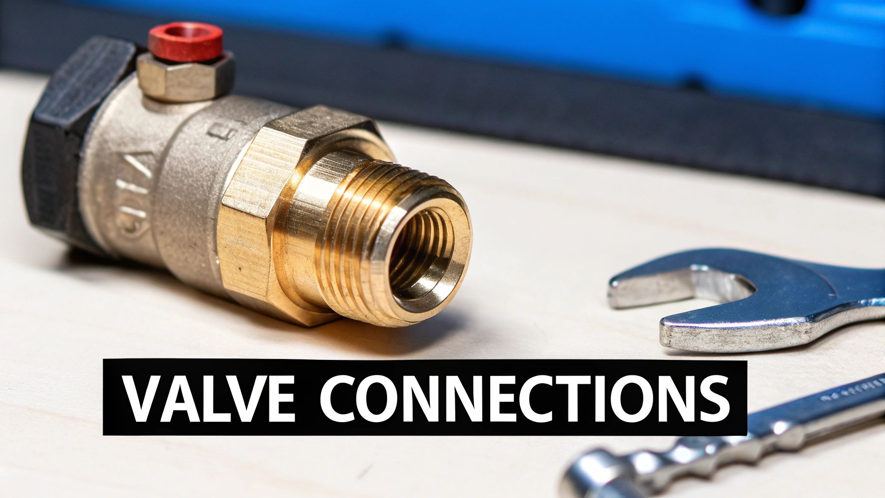 Close-up of a brass valve, a pipe fitting, and a silver wrench on a wooden table, with 'VALVE CONNECTIONS' text.