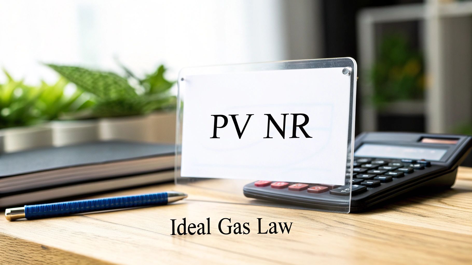 A desk with a clear sign displaying "PV NR" and "Ideal Gas Law," alongside a calculator, pen, and notebook.