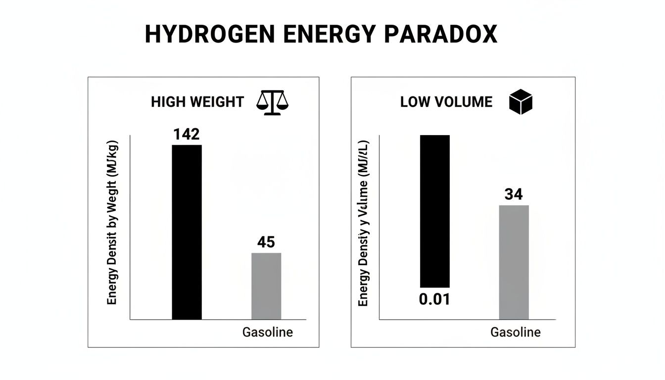 Bar charts illustrating the hydrogen energy paradox: high energy density by weight but low energy density by volume compared to gasoline.