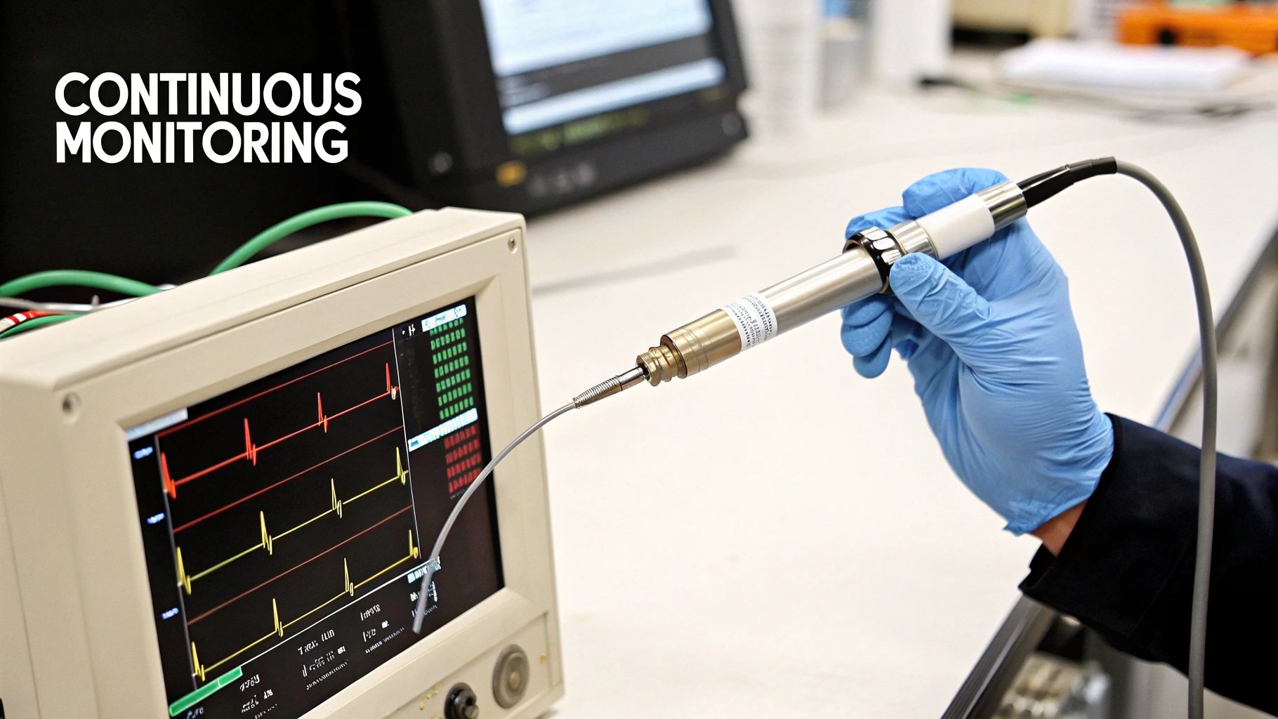 Gloved hand connecting a metallic sensor to a monitor displaying continuous measurement graphs.