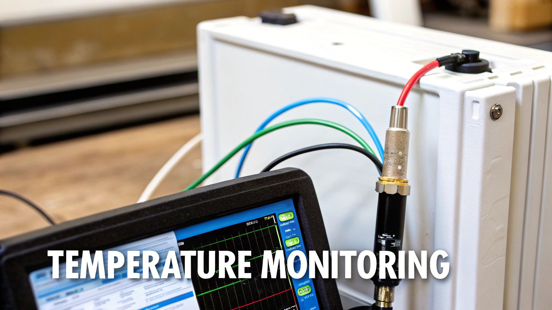 Close-up of a temperature monitoring system with sensors, colored wires, and data displayed on a screen.