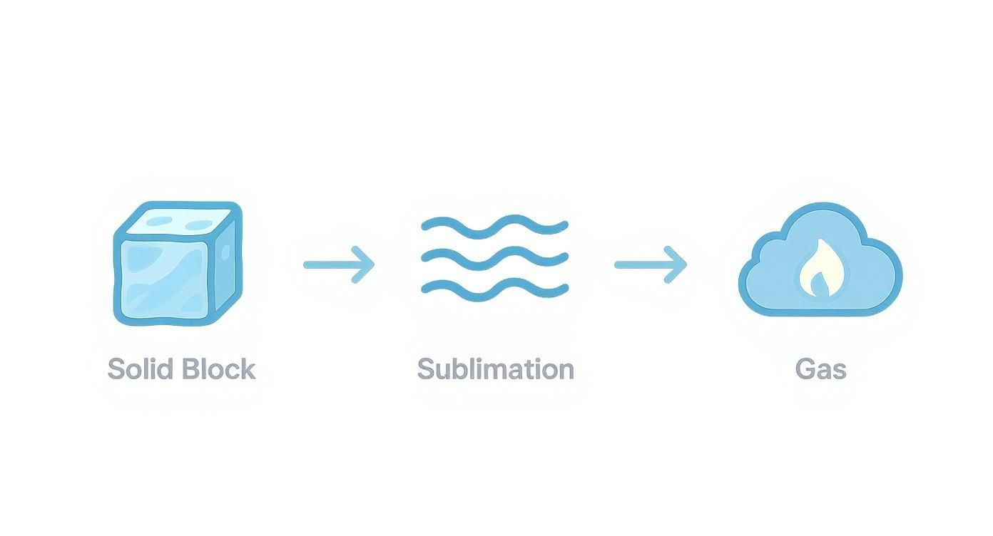 An illustration depicting a solid block transforming directly into gas via sublimation process.