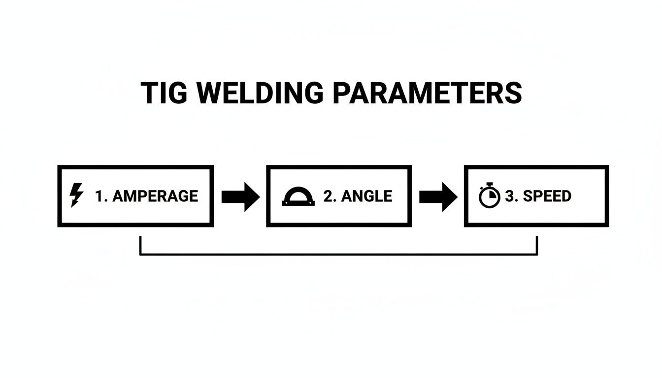 A black and white diagram showing TIG welding parameters: amperage, angle, and speed.