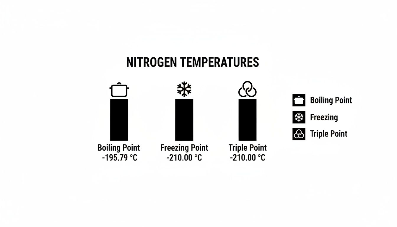 Chart illustrating nitrogen's boiling point, freezing point, and triple point with their specific temperatures.