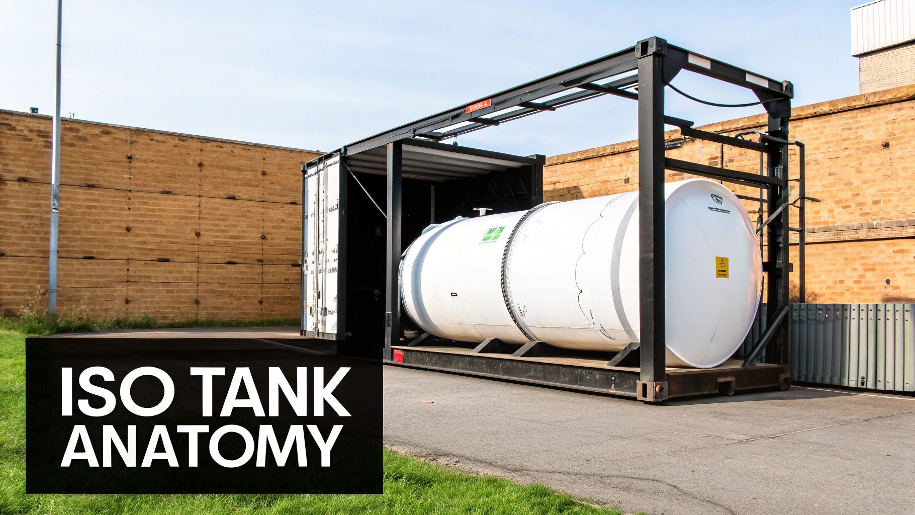 A white ISO tank container sits on a chassis, revealing its structure against a brick wall.