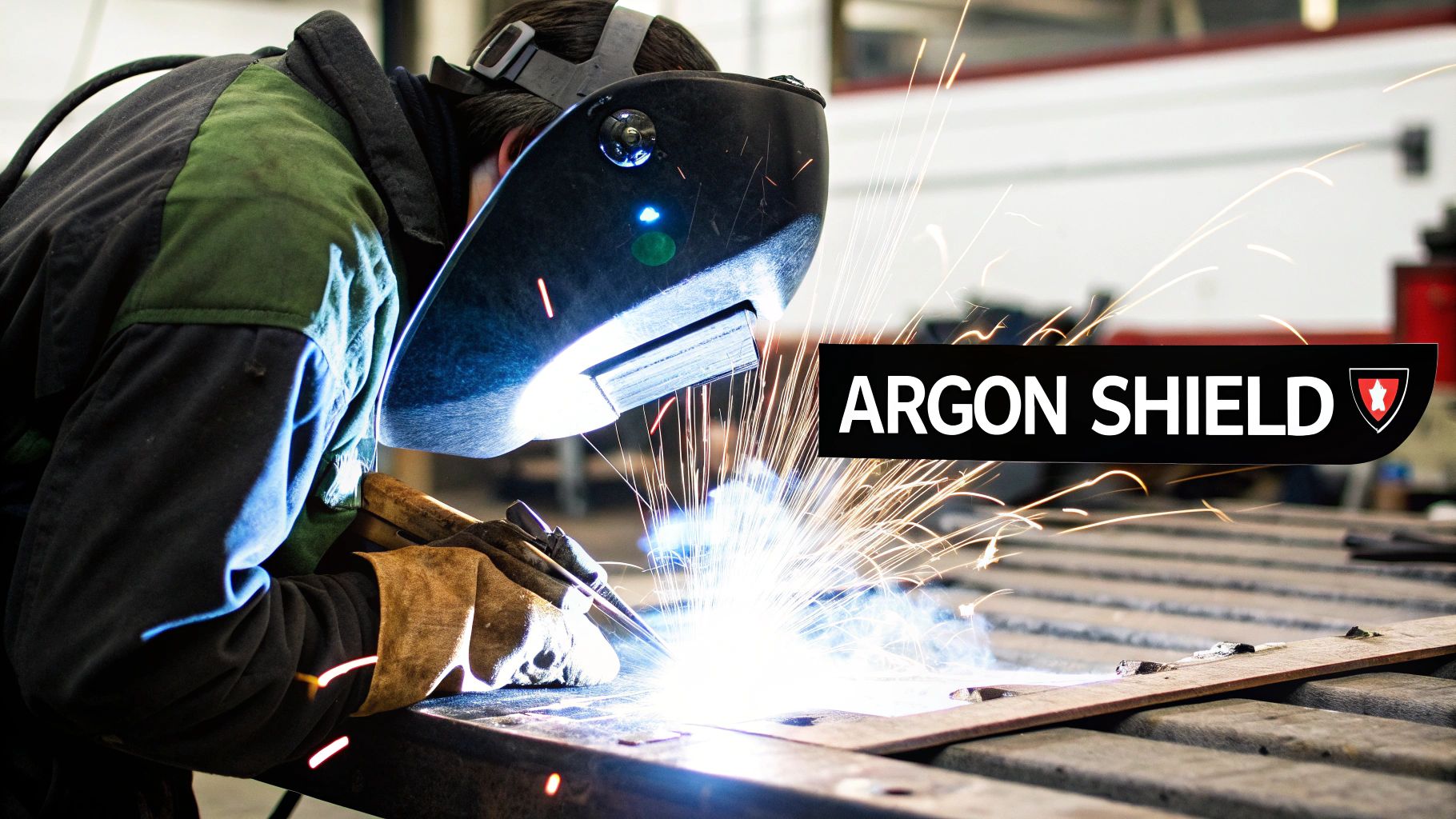 A welder in a helmet and gloves works on metal, producing bright sparks, with an 'ARGON SHIELD' banner.