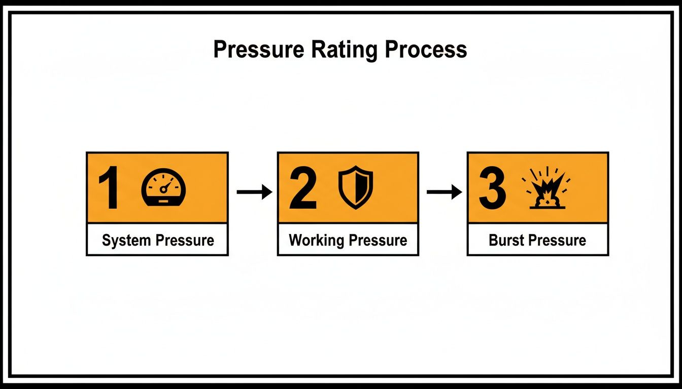 A diagram illustrating the three steps of the pressure rating process: System, Working, and Burst Pressure.