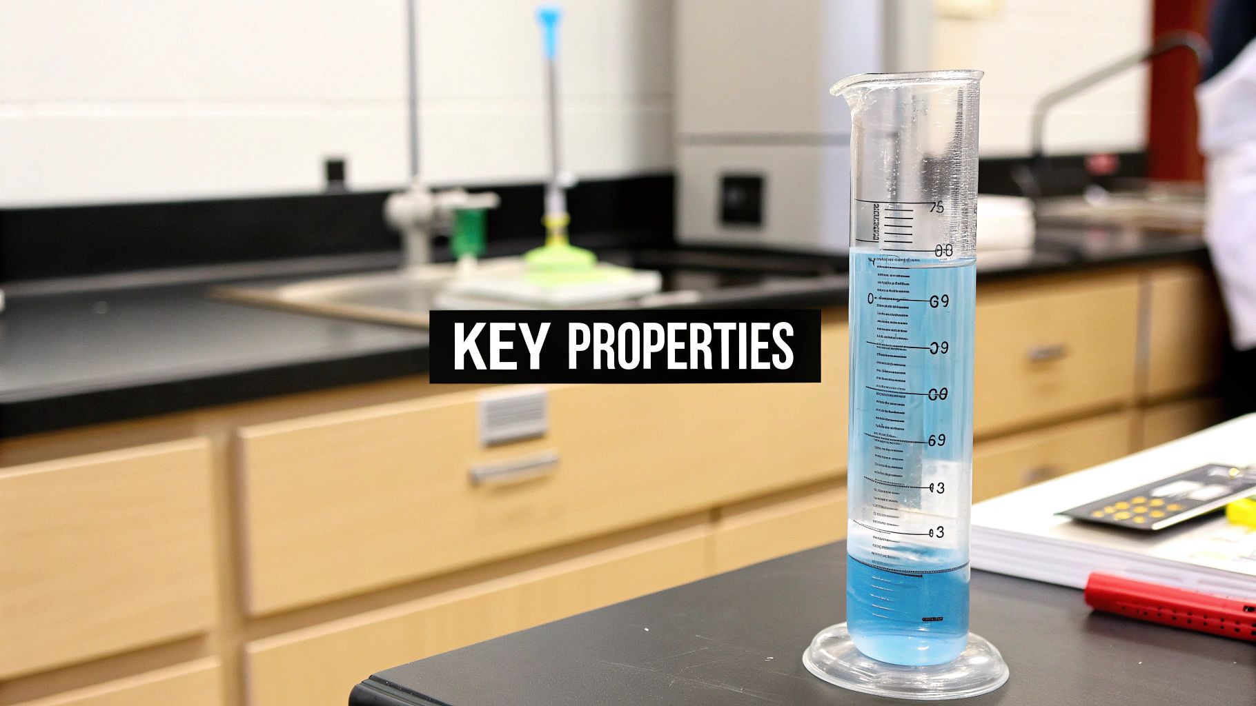 A graduated cylinder with blue liquid stands on a lab bench, with 'KEY PROPERTIES' text.