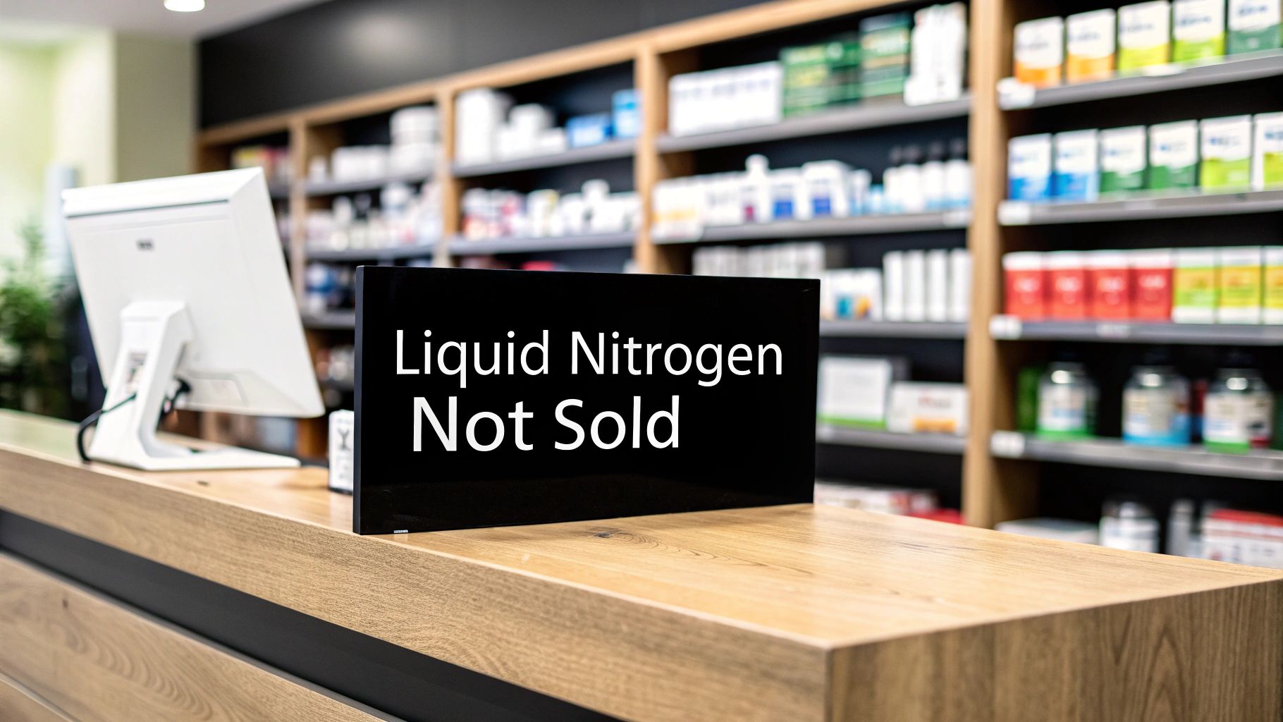 A black sign on a wooden counter in a pharmacy states 'Liquid Nitrogen Not Sold'.