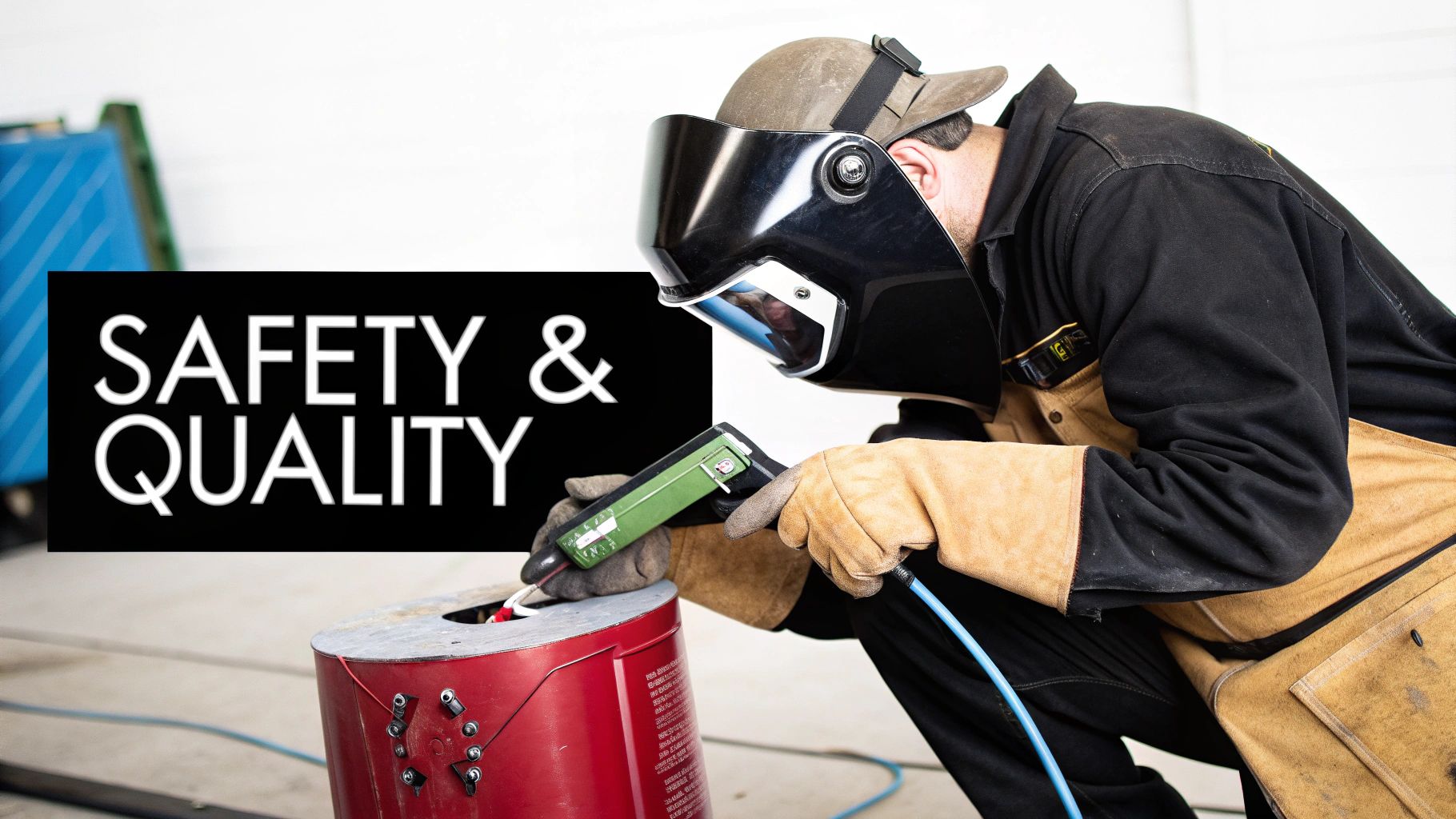 A welder in protective gear, including a hood, actively performs welding on a red metal object, emphasizing safety.