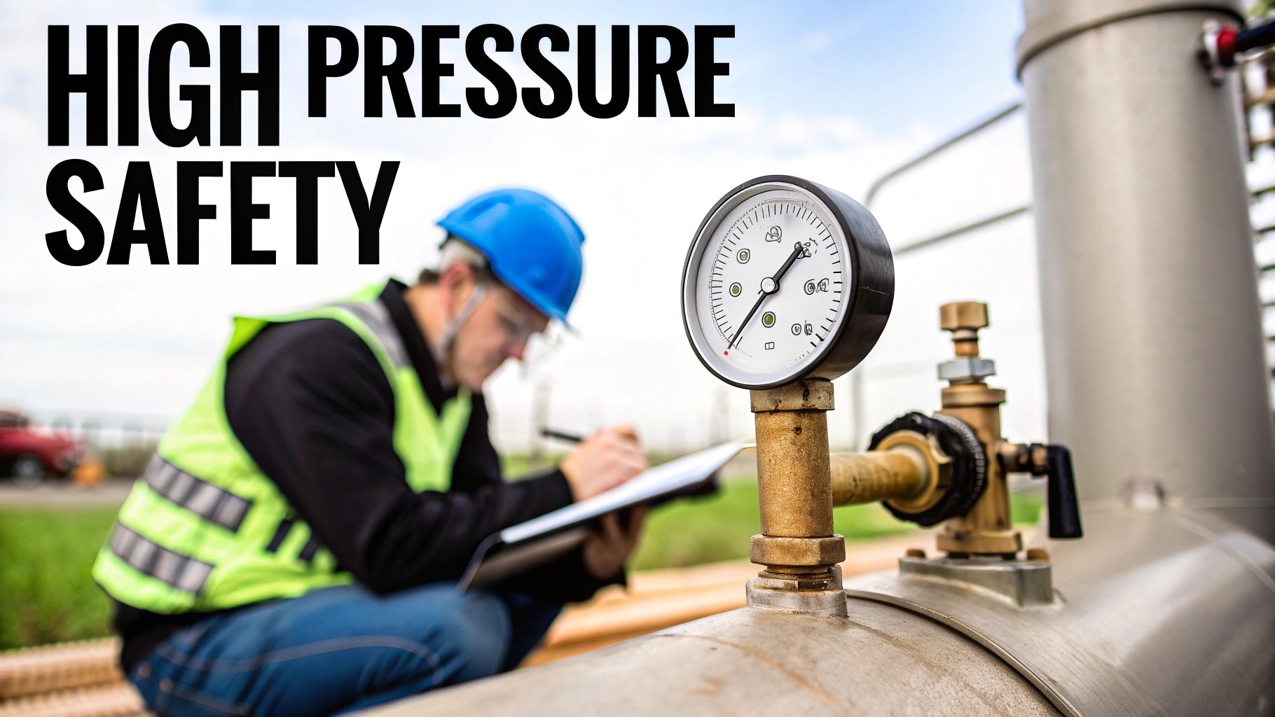 A worker in a hard hat and safety vest checks a pressure gauge on industrial equipment, ensuring high pressure safety.