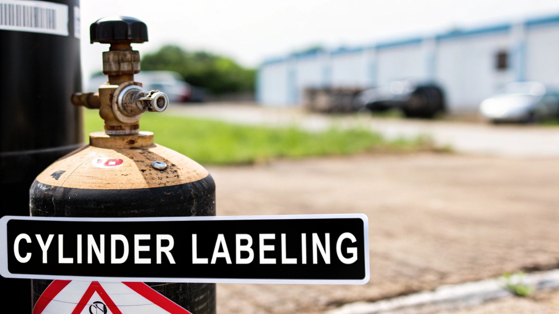 Industrial gas cylinder with valve and labeling sign displayed outdoors at facility