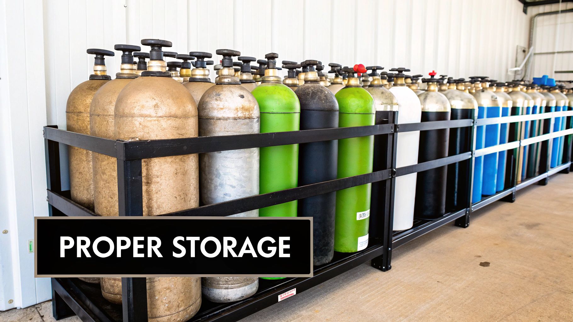 A long row of industrial gas cylinders, varying in color, stored neatly in a black metal rack.
