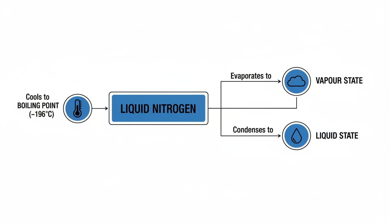 Flowchart shows nitrogen cooling to liquid state, then its evaporation to vapor or condensation to liquid.