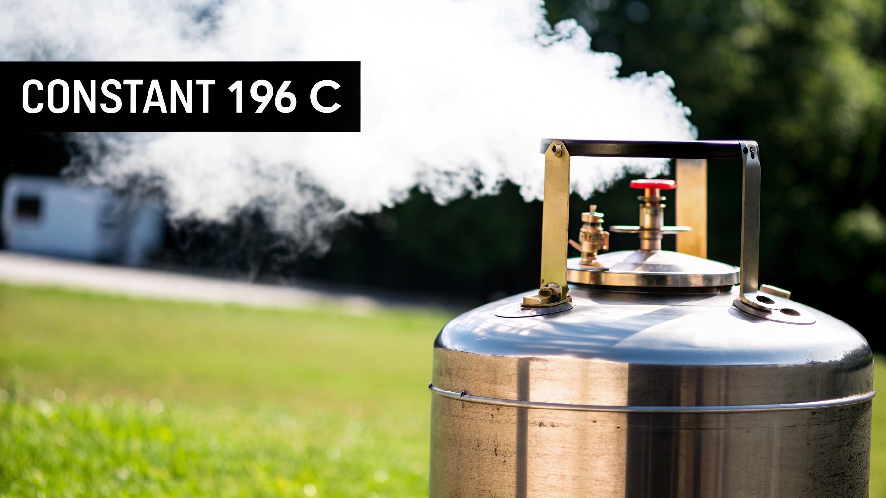 A silver liquid nitrogen dewar emitting vapor, displaying 'CONSTANT 196 C' on a black overlay.