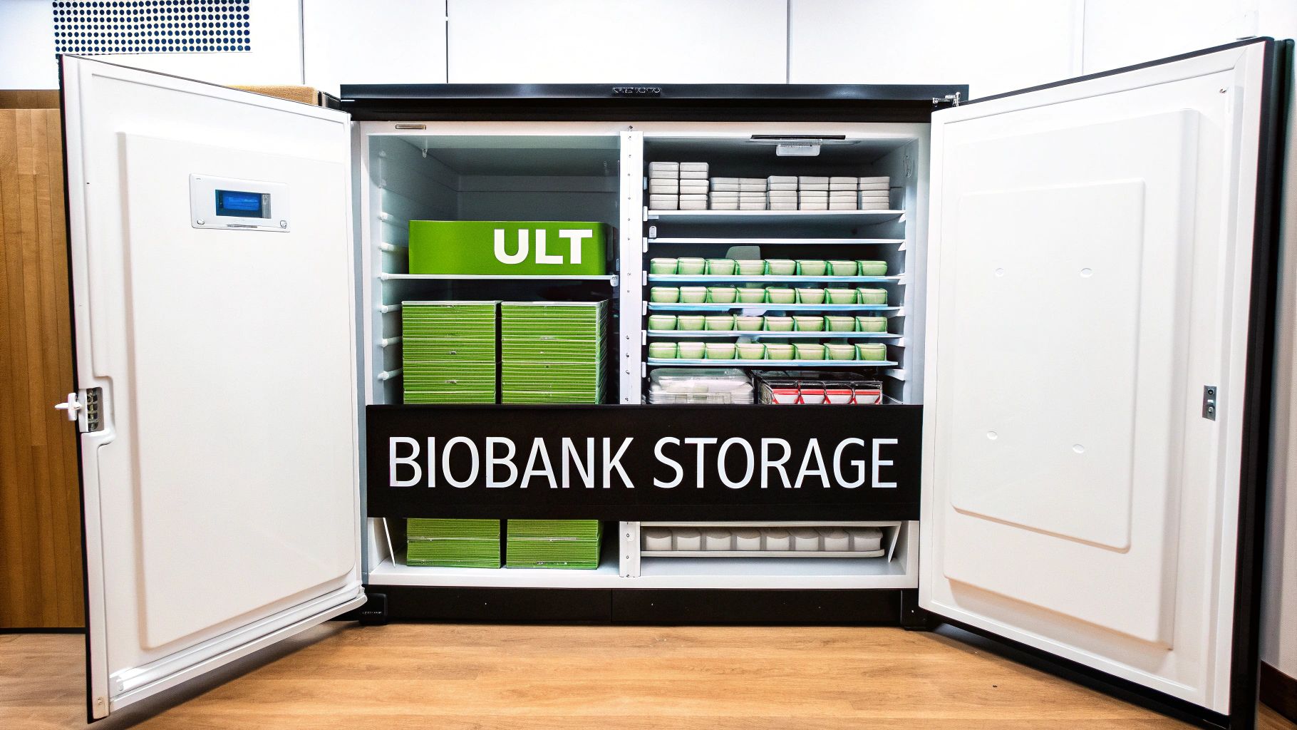 An open ultralow temperature freezer revealing shelves of biobank storage containers and a 'BIOBANK STORAGE' sign.