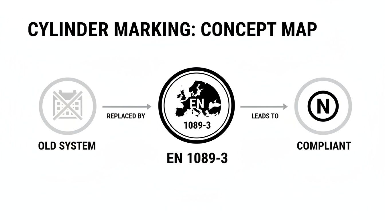 Concept map showing the transition from an old cylinder marking system to the EN 1089-3 standard, leading to compliance.