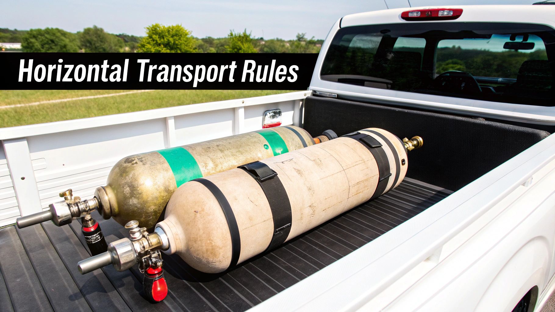 Two gas cylinders are laid horizontally in the bed of a white pickup truck.