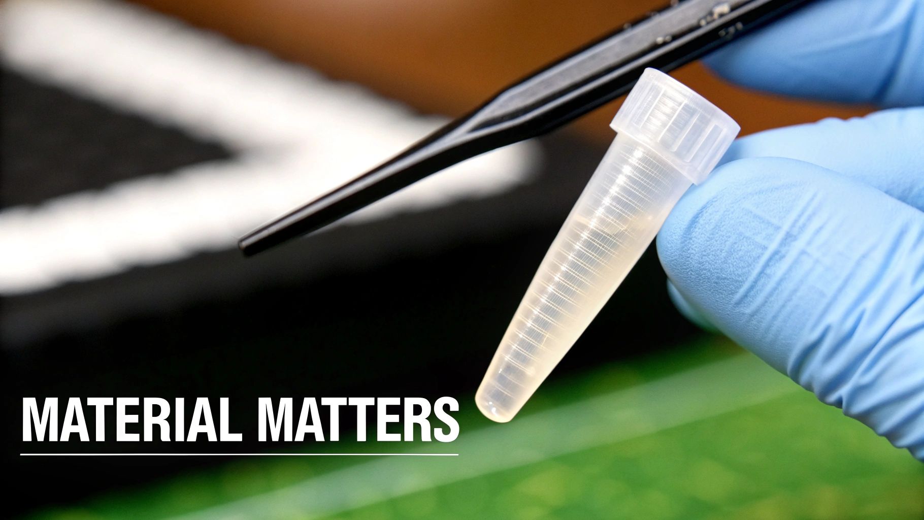 A gloved hand holds a clear lab tube containing liquid, with tweezers in a scientific setting.