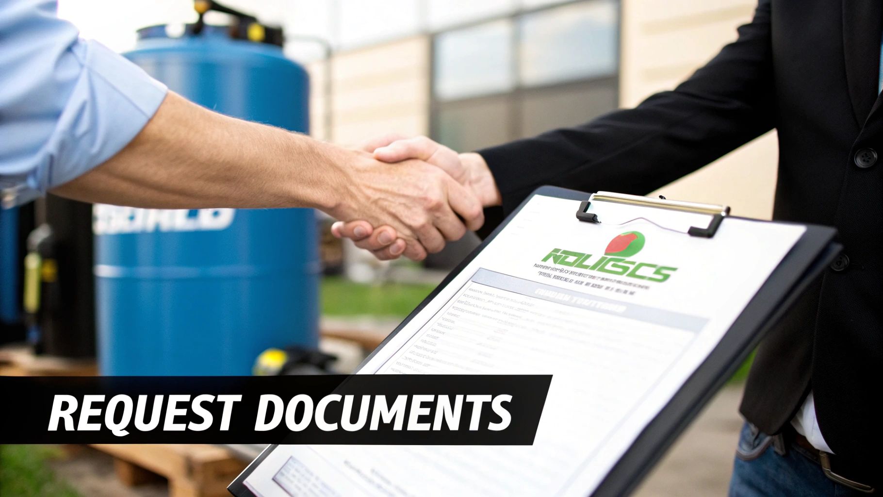 Two people shaking hands, one holding a clipboard with 'REQUEST DOCUMENTS' visible, near a blue tank.